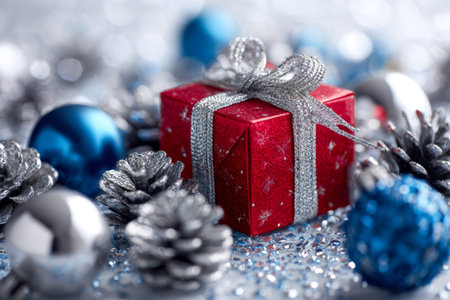 A cheerful holiday display featuring a bright red wrapped present with a glaming silver bow,...