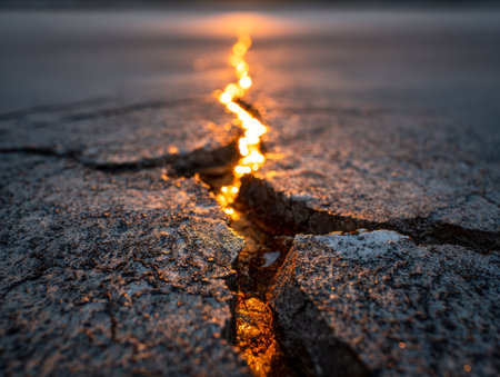 Warm evening rays highlight a jagged fissure in parched, rough ground, forming a luminous trail that guides the eye across the desolate landscape at dusk.の写真素材