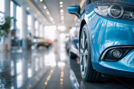 A stylish blue automobile showcased in a luminous showroom with glossy floors, its refined curves and intricate craftsmanship subtly emphasized by a softly blurred bの写真素材