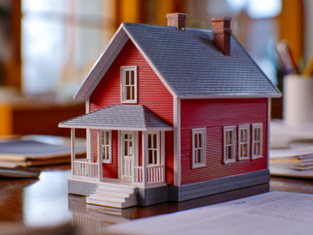 A charming red house replica rests on a wooden desk, surrounded by documents and stationery, illuminated by cozy, inviting light.の写真素材