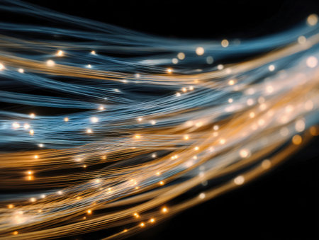 Vibrant streams of azure and amber radiance weave through a shadowy backdrop, forming a complex, high-tech web reminiscent of a cutting-edge digital ecosystem.の写真素材