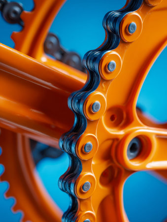 A vivid orange sprocket and metal chain showcase intricate gear details and craftsmanship, set...