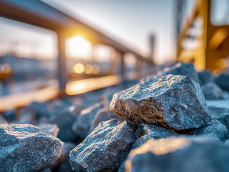 Sunlit rugged gray stones gleam with a gentle warmth amid a hazy cityscape, capturing the raw essence of construction and dawn's early light.の写真素材