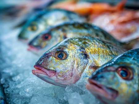 An array of vividly hued fish rests on icy shards, their shimmering scales and intricate patterns highlighting freshness and natural beauty in a macro perspective.の写真素材