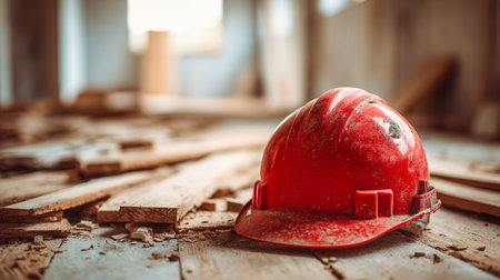 A weathered red safety helmet, speckled with dust, lies on a rustic wooden floor surrounded by disorganized planks, illuminated softly by daylight through a nearby wの写真素材