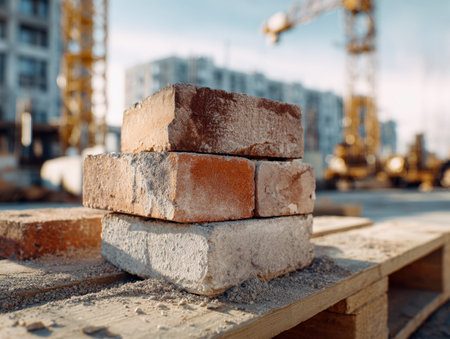 A collection of aged bricks rests on a wooden platform, with distant sleek skyscrapers and towering...