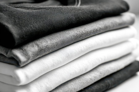 A tidy arrangement of monochrome cotton tees, emphasizing cozy, lightweight fabric textures ideal...