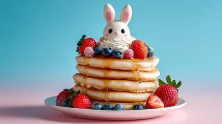 A delightful breakfast scene featuring thick, golden pancakes drizzled with syrup, adorned with ripe...