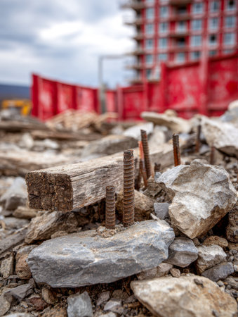 Weathered steel rebar juts from fractured concrete debris, alongside a worn timber plank, captured at a city demolition zone.の写真素材