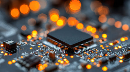 A detailed close-up reveals a sleek black microchip embedded on a circuit board, radiating fiery...