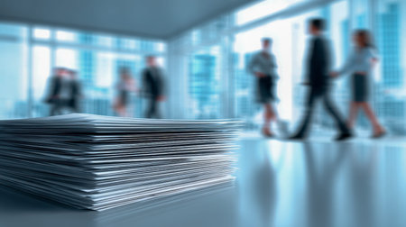 A substantial pile of files and papers sits atop a sleek office surface, with a professional team...