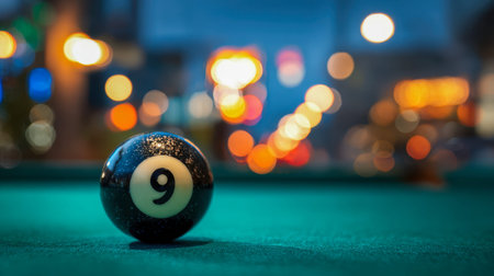 A sleek black cue ball with the number nine sits poised on a green felt table, illuminated by...