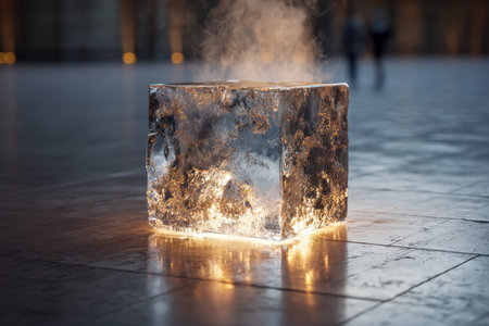 An illuminated ice fragment dissolves on rugged stone, releasing steam that dances in warm reflections, blurring the line between frost and fire amid shadows.の写真素材