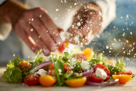 A chef's hand mid-motion adding a burst of crumbled cheese to a colorful mix of cherry tomatoes, crisp greens, and thinly sliced red onions.の写真素材