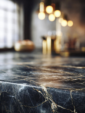 A sleek, deep-toned marble surface with intricate natural veining enhances the contemporary kitchen's luminous ambiance, exuding timeless elegance and refined luxuryの写真素材