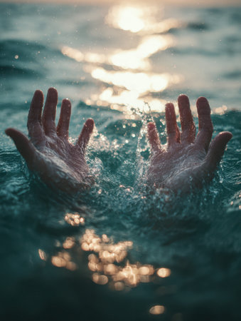 During the golden hour, soft sunlight dances on tranquil waves as two hands emerge from shimmering water, evoking peace, hope, and renewal in a luminous aquatic settの写真素材