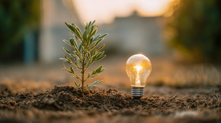 A vibrant young plant emerges from rich soil, illuminated subtly by a radiant bulb, representing eco-friendly growth and innovative green solutions in harmony with nの写真素材