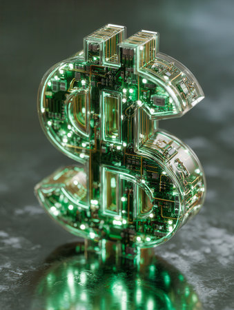 A glowing circuit pattern forms a dollar sign, symbolizing innovation in digital finance and the integration of technology with future economic systems.の写真素材