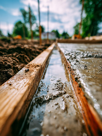 Sunlit construction site showing freshly poured concrete being leveled within wooden framing, with a blurred outdoor setting and nearby earthy terrain.の写真素材