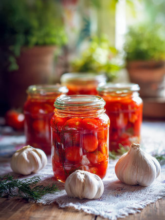 Vibrant homemade preserves sit amid fresh garlic and fragrant herbs, creating a warm, inviting scene...