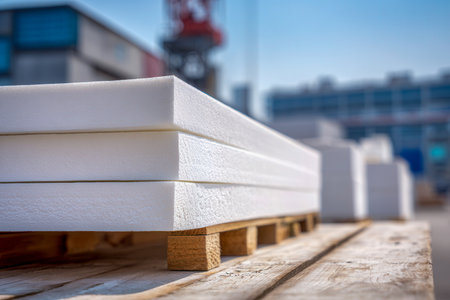 Sunlit scene of insulation foam sheets neatly arranged on pallets, set against a backdrop of industrial structures softly fading into the distance.の写真素材
