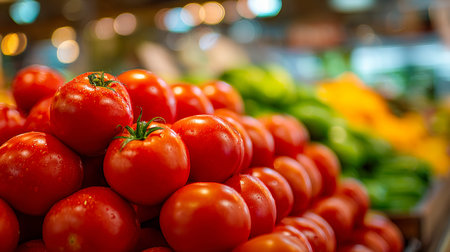 Juicy red tomatoes glisten with droplets of water, nestled among vibrant bell peppers, creating an...