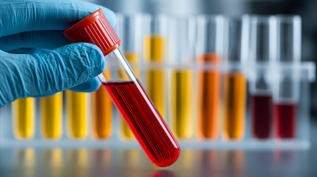 A healthcare worker in protective blue gloves examines a crimson fluid-filled tube, with a vibrant...