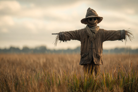 An old-fashioned sentinel dons a faded hat and frayed coat, peacefully observing a sea of ripe wheat beneath a gentle, overcast autumn sky, evoking calm and nostalgiの写真素材
