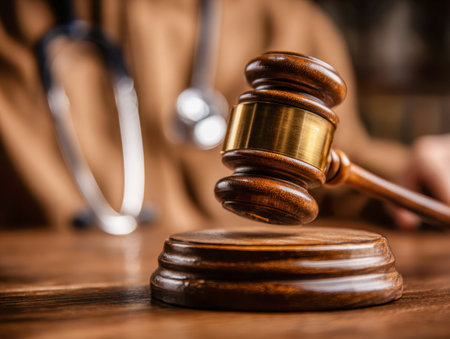 A wooden gavel crashing down on its block with a softly blurred stethoscope in the background, highlighting themes of legal authority in medical and healthcare rightの写真素材