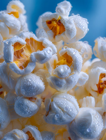 Close-up of moist, recently popped corn with dewdrop-like droplets, showing intricate surface textures and a calming pastel backdrop for a fresh, inviting feel.の写真素材