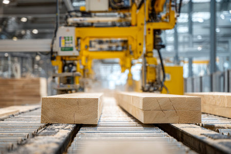 Modern factory workers oversee high-tech machinery as precisely cut and sculpt sturdy wooden beams, showcasing innovation in timber fabrication.の写真素材