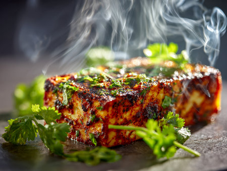 Juicy grilled paneer drizzled with aromatic spices, topped with vibrant cilantro, releasing inviting steam. The charred surface contrasts beautifully against a darkの写真素材