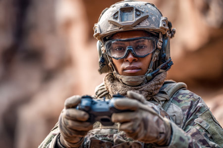 A vigilant operative in rugged terrain, clad in tactical attire and protective eyewear, concentrates intently on a portable control unit amid challenging surroundingの写真素材