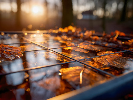 Gentle rays of dusk cast a golden glow on damp leaves glistening across smooth tiles, hinting at...