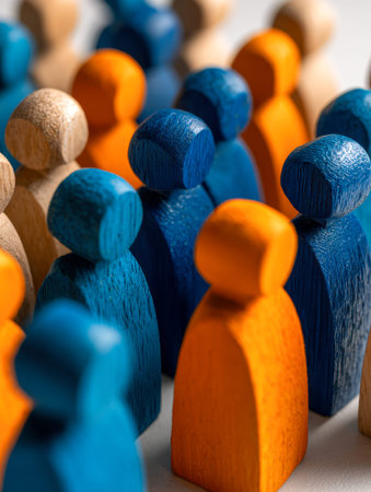 A lively collection of handcrafted wooden figures in bright shades, symbolizing unity and...