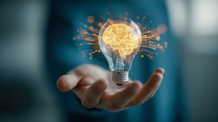 A luminous brain nestled within a glowing bulb hovers above an open hand, symbolizing bright ideas and inventive minds amidst a deep, mysterious backdrop.の写真素材