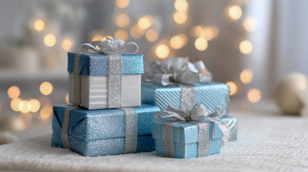 A chic arrangement of blue and silver presents rests on a plush surface, illuminated by soft, shimmering lights that evoke joyful holiday warmth and festive cheer.の写真素材