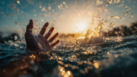 A determined hand emerges from churning waters as dusk casts shimmering gold on scattered droplets,...