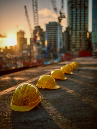 Rows of bright yellow helmets rest on the earthy ground as the setting sun casts a golden glow, with towering cranes and silhouettes of buildings fading into a gentlの写真素材