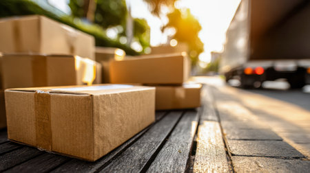 A cozy scene of parcels piled on a rustic bench as a delivery vehicle approaches under warm afternoon light, evoking anticipation and daily routines.の写真素材