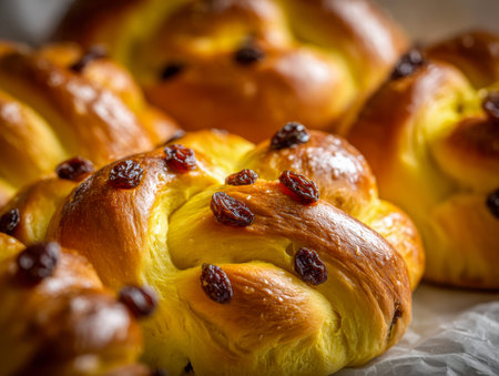 Warm, golden-brown braided buns adorned with shiny raisins, their tender interior and delicate crust...
