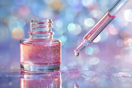 A glamorous pink glitter nail lacquer with a sleek, reflective bottle and a delicate dropper releasing a luminous droplet, set against a dreamy pastel bokeh backdropの写真素材