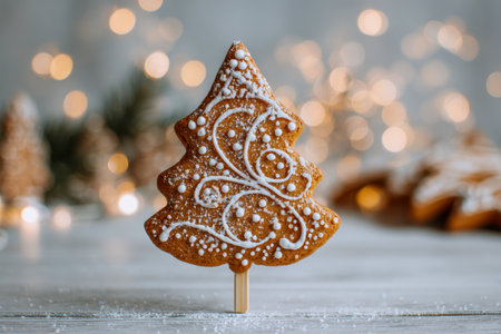 A charming holiday treat featuring a tree-shaped gingerbread on a stick, adorned with intricate icing details, set against a warm, softly lit winter scene.の写真素材