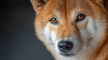 A striking close-up reveals a vivid red canine?s piercing amber eyes and luxurious fur, set against a moody, blurred dark backdrop that accentuates its commanding prの写真素材