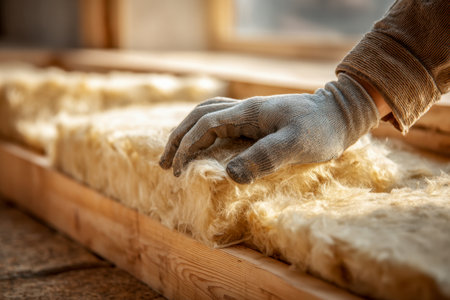 A focused laborer carefully fits eco-friendly wool insulation into a timber frame, promoting sustainable upgrades during renovation.の写真素材