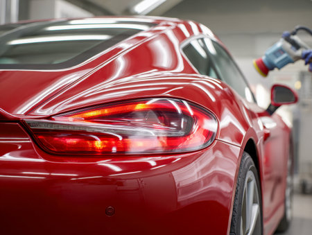 A vibrant red sports car shines under professional lighting as a detailer expertly buffs its glossy surface, capturing flawless reflections on its aerodynamic curvesの写真素材