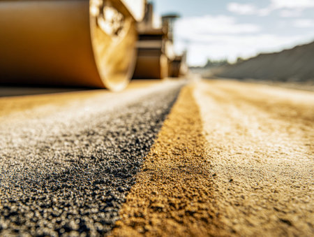 A newly completed asphalt pathway stretches under a bright blue sky, with machinery in the backdrop...