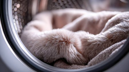 A cozy, velvety brown textile softly folds within a sleek washing chamber, illuminated by gentle...