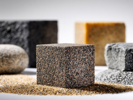 An elegant arrangement of rough-hewn stone cubes and polished pebbles rests on a pristine white background, illuminated softly to highlight a mottled granite specimeの写真素材