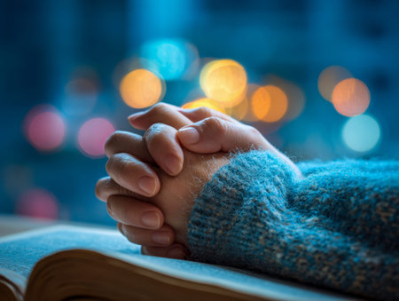 A serene individual in a warm blue knit, hands gently joined atop an open text, surrounded by a...